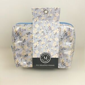 Martha Stewart Blue Floral PVC Wrapped Wedge Case Makeup Bag New With Tags